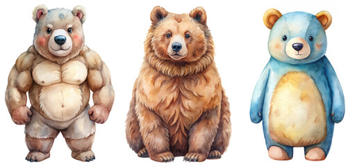 Cute bear illustrations, watercolor style, cartoon characters, playful design, animal art, colorful bears, children's decor.