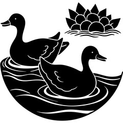 Ducks swimming on a river silhouette vector illustration 