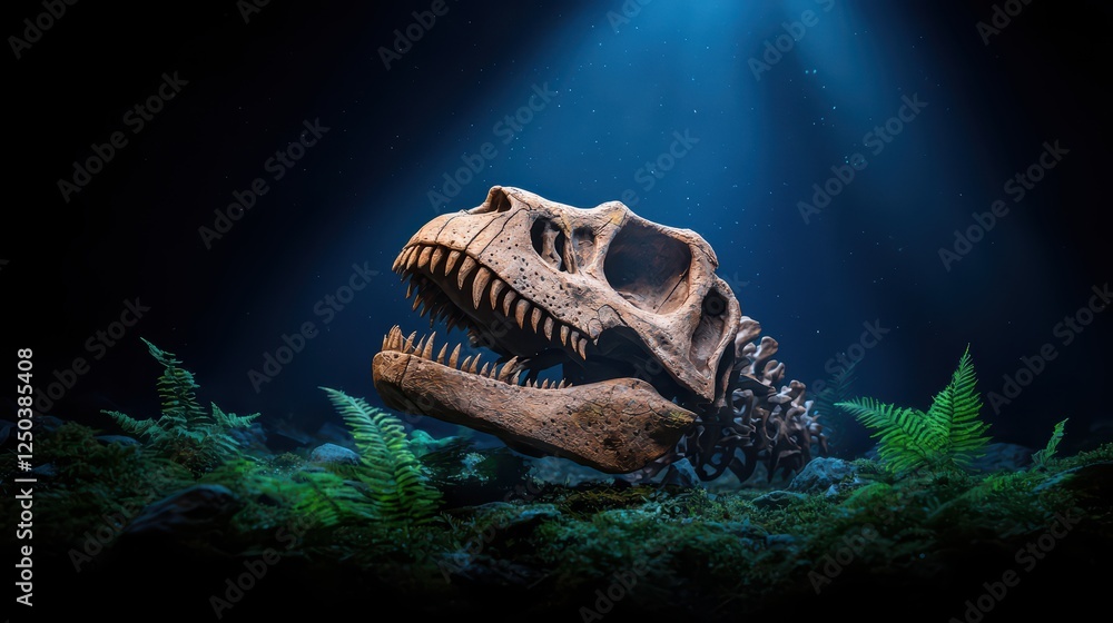 Poster dinosaur skull fossil underwater with ferns and soft light