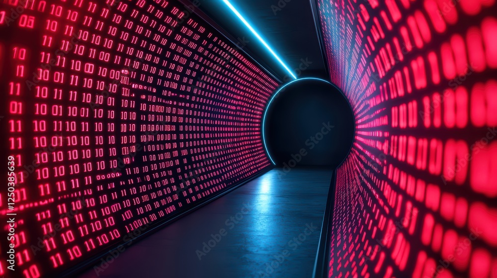 Poster futuristic tunnel with digital binary code and neon lighting