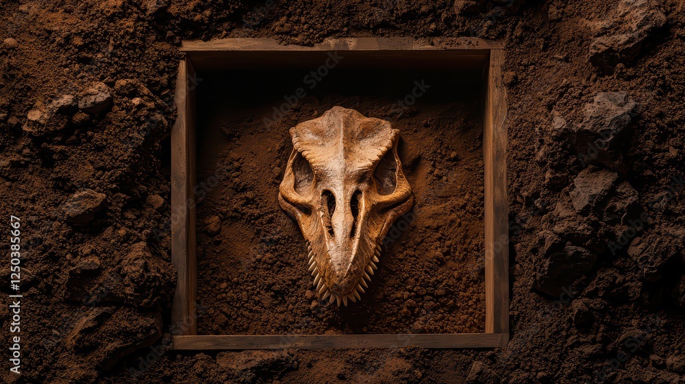 Poster dinosaur skull fossil unearthed in soil ominous background display