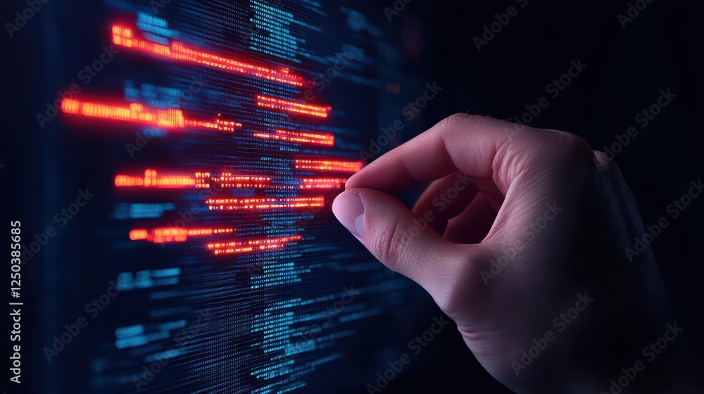 Poster hand interacting with digital code on a dark background display