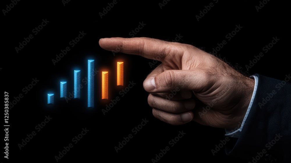 Poster hand pointing at bar graph with ascending data and analytics concept