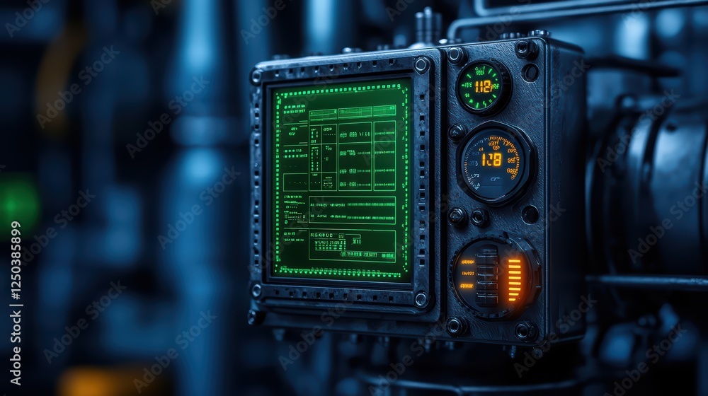 Poster futuristic control panel with green screen display and gauges