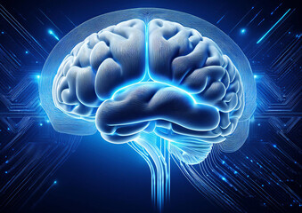A brain is shown in a blue background with a lot of wires and circuits