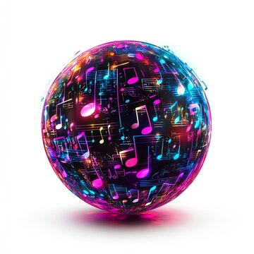 A vibrant abstract sphere filled with colorful musical notes and sparkling lights.