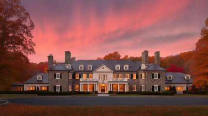 A grand traditional mansion with a symmetrical facade, a circular driveway