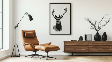 Modern living room scene featuring a stylish brown leather chair, wooden cabinet, and black and white deer poster mockup on the wall. Home decor inspiration. Template.