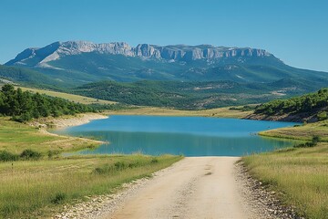 Mountain lake vista, dirt road, serene landscape