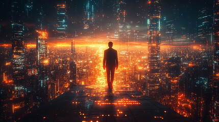 Fototapeta premium Silhouette Man Futuristic Cityscape Orange Night Digital Art Neon Glow View Urban SciFi Image Modern