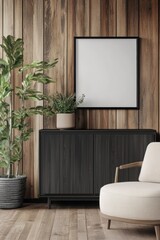 Modern living room setup featuring a blank mockup poster frame, stylish black cabinet, lush indoor plants, and comfortable seating. Interior design concept. Home decor template.