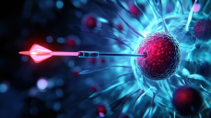 A futuristic depiction of a cell being targeted by a glowing arrow, symbolizing precision in biotechnology and molecular research.