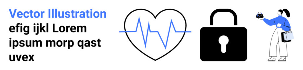 Heartbeat line inside heart, lock icon, and woman holding a credit card. Ideal for health, security, finance, payment solutions, personal data safety, digital commerce flat landing page banner