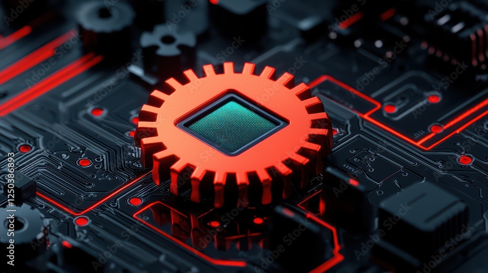 Poster red gear on circuit board with microchip and electronic components