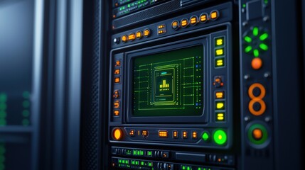 Futuristic Server Rack with Digital Display and Green Lights