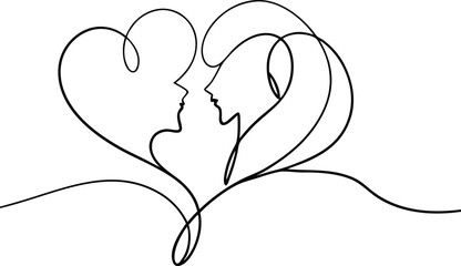 Continuous Line Art Two Faces Forming a Heart Shape