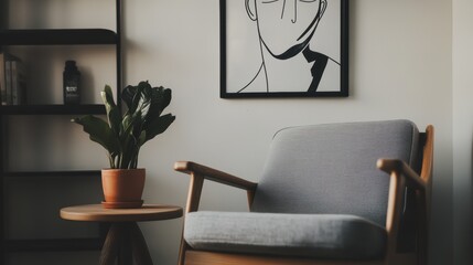 Modern living room setup featuring minimalist chair, art print, house plant, and stylish wooden side table. Ideal for wall art and poster mockups. Interior decor. Template.