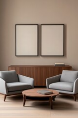 Modern living room setup featuring minimalist design elements, stylish armchairs, wooden furniture, and two empty frames for wall art. Interior decor mockup. Template ready.