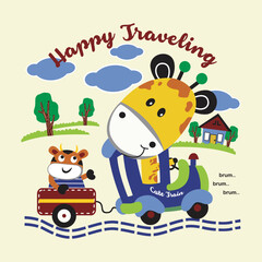 giraffe and cow on happy traveling,design cartoon vector illustration