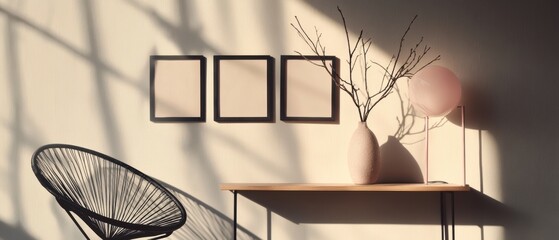 Modern minimalist interior featuring three empty frames on the wall, a stylish chair, decorative vase, and soft lighting. Perfect for wall art and poster mockups.