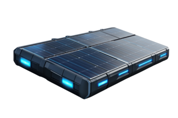 A modern solar panel with a sleek design, featuring blue illuminated edges, set against a clean white background.