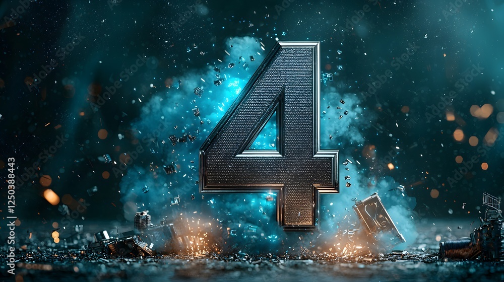 Poster glowing neon number 4 countdown timer digital display on dark background with blurry lights and spar