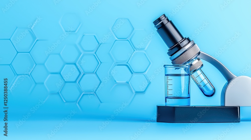 Poster laboratory equipment setup with microscope and flask on blue background