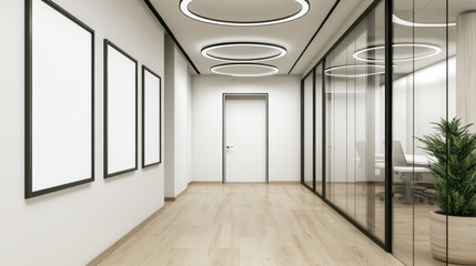 Obraz premium Modern office hallway featuring empty wall poster mockups, sleek glass partitions, natural light, and minimalistic decor. Ideal for interior design presentations.