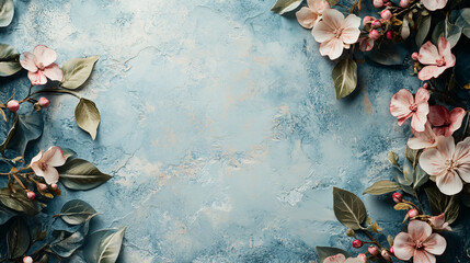 blue background with pink flowers and greenery for wedding invitation or greeting card design