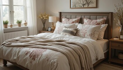 A neatly arranged cozy bedroom with pillows and blankets styled to create an inviting and serene atmosphere for rest.
