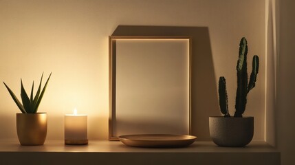Modern wall art display featuring minimalist framed poster mockup, stylish candles, potted plants, and soft lighting for cozy home decor. Interior design inspiration.