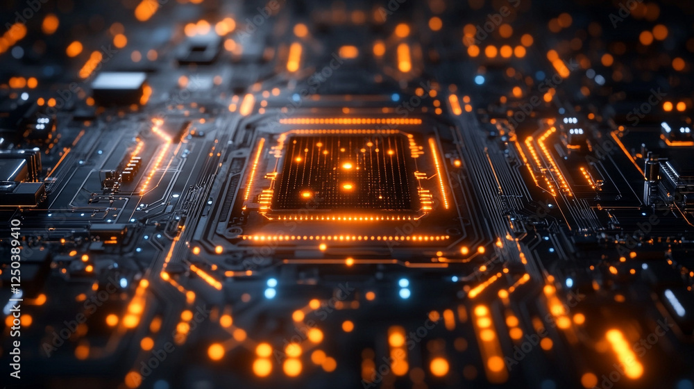 Poster abstract digital circuit board glowing orange technology background futuristic design data chip