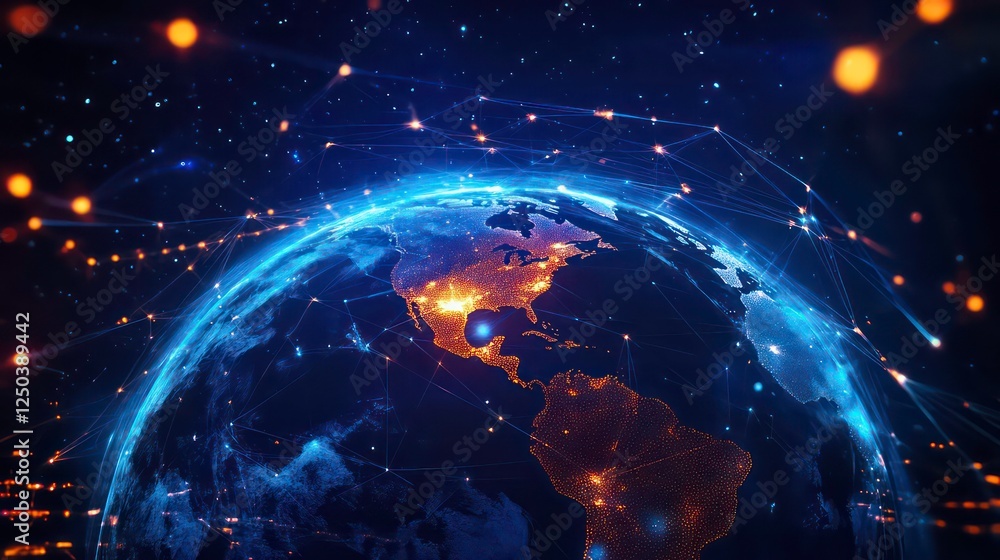 Poster digital world globe centered on usa concept of global network and connectivity on earth data transfe