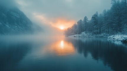 Fototapeta premium Tranquil winter wonderland: serene lake reflecting sunset with misty mountain