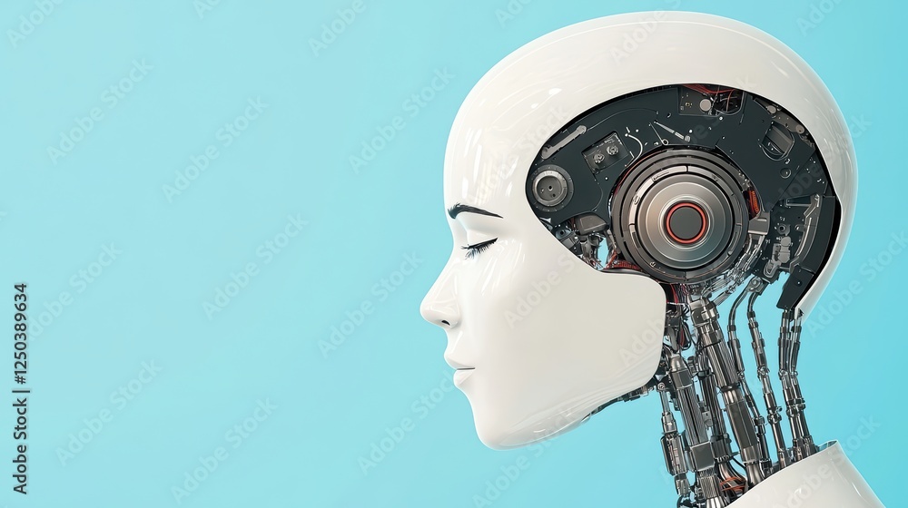 Poster futuristic robot head with exposed circuitry and mechanical features