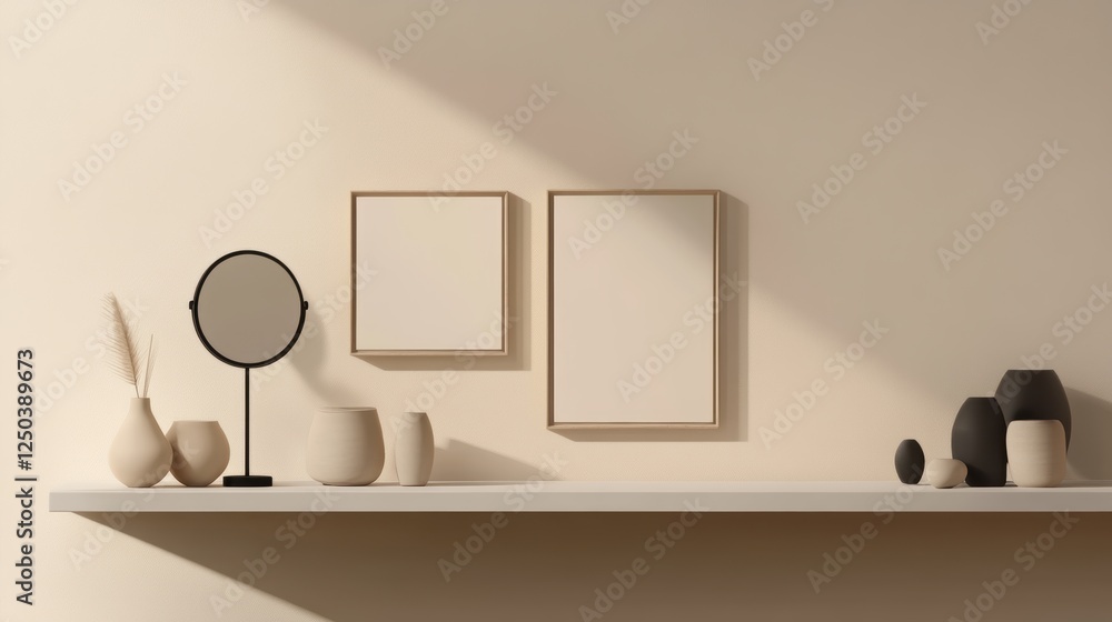 Poster modern wall shelf display featuring two empty poster frames, decorative vases, and a mirror in a min