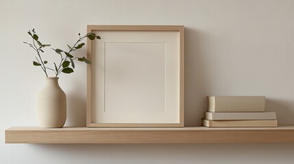 Modern wall shelf display featuring an empty frame, simple vase with greenery, stack of books, and minimalist design elements. Perfect for home decor mockups.