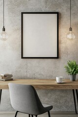 Modern workspace featuring a minimalist desk, empty wall art poster mockup, stylish chair, hanging pendant lights, and potted plant. Perfect for interior decor.