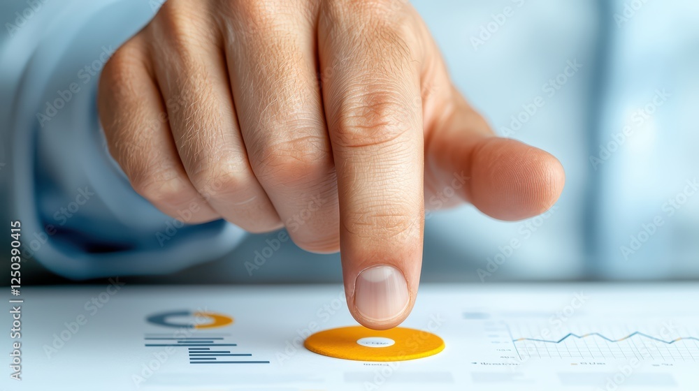 Aufkleber hand pressing yellow circle on business chart with graphs and data