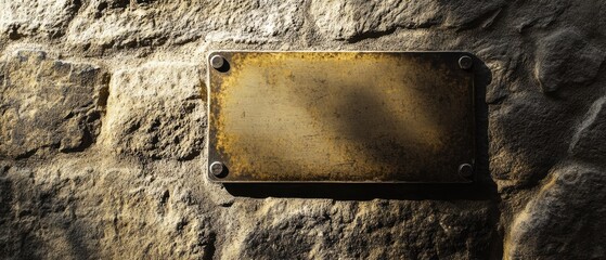 Rustic stone wall with empty gold plaque, perfect for personalizing with text or art. Ideal for wall art displays, home decor, and interior design mockups.