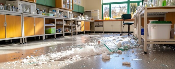 Messy laboratory with broken glass and spills.