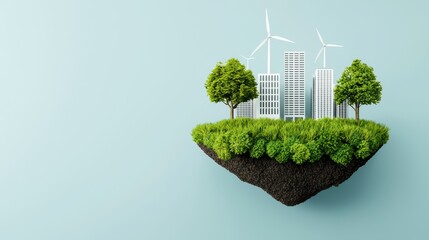 Sustainable Future Concept with Cityscape, Trees, and Wind Turbines