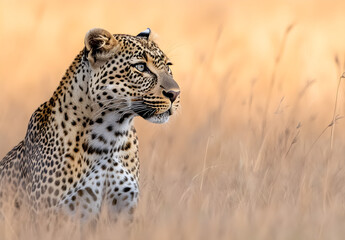 Fototapeta premium A leopard showing its fangs, a close-up of the head and body with a blurred background. The leopard is in an aggressive pose with sharp teeth visible. 