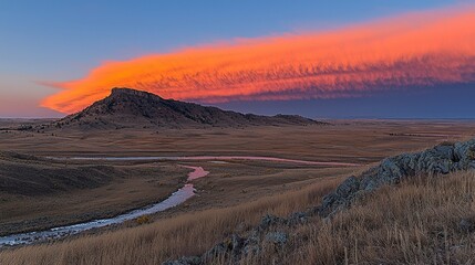 Obraz premium Sunset, prairie, butte, river, clouds, autumn, landscape, Montana, panorama, travel