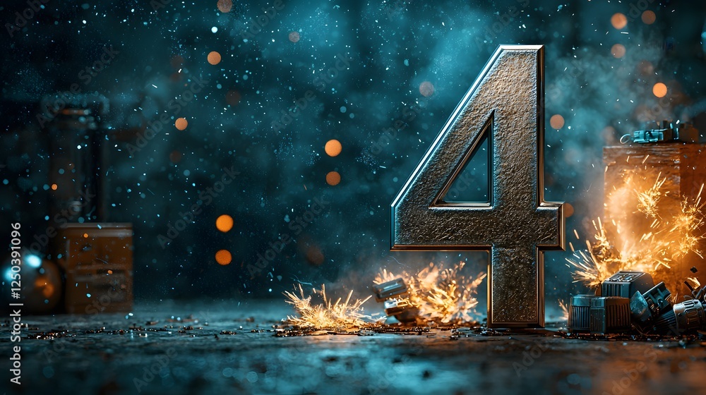 Poster glowing numeric symbol 4 with decorative lights against a snowy winter background with sparkling bok