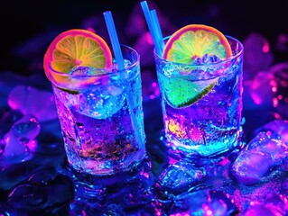 Vibrant Neon Cocktails with Citrus Garnish and Ice Cubes in Dark Setting