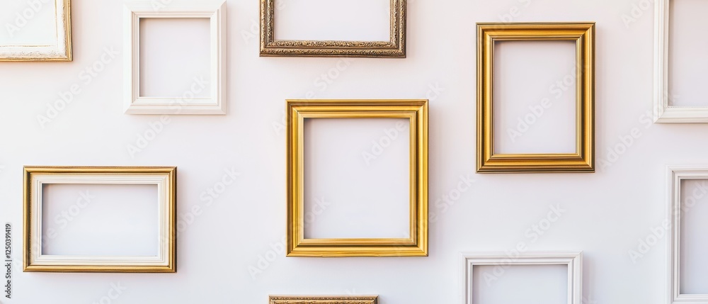 Poster wall art display featuring empty frames in various sizes and colors, ideal for showcasing personal a