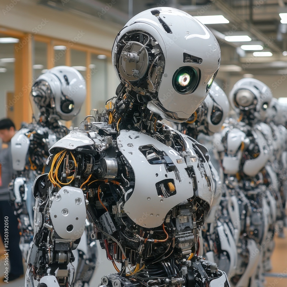 Poster sleek white robots in modern factory setting