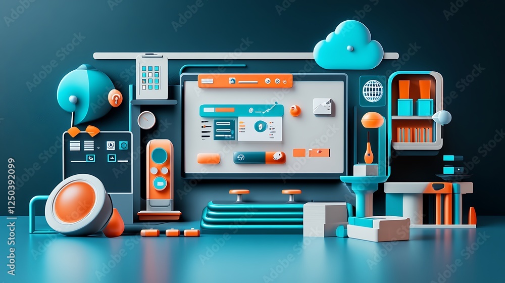 Poster abstract digital workspace design featuring modern technology and cloud computing