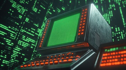 Retro Computer with Green Screen and Neon Binary Code Background